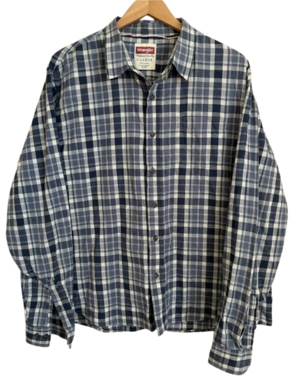 Wrangler Premium Quality Flannel Plaid Shirt Men’s XL Long Sleeve Blue White